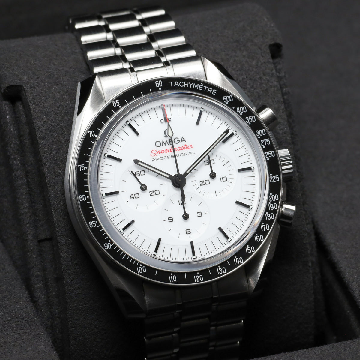 Omega Speedmaster 2026 42mm Stainless Steel  White Lacquered Dial with Black Accents Fixed Black Anodized Aluminum Tachymeter Bezel  Stainless Steel Five-Link Bracelet with Foldover Clasp 310.30.42.50.04.001