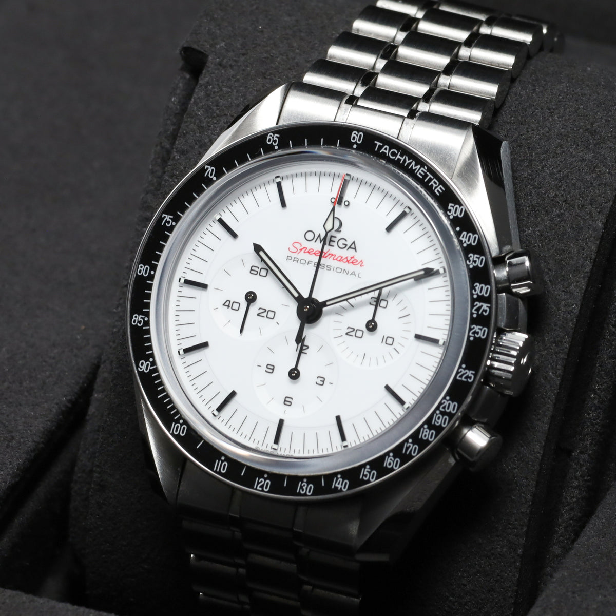 Omega Speedmaster 2026 42mm Stainless Steel  White Lacquered Dial with Black Accents Fixed Black Anodized Aluminum Tachymeter Bezel  Stainless Steel Five-Link Bracelet with Foldover Clasp 310.30.42.50.04.001