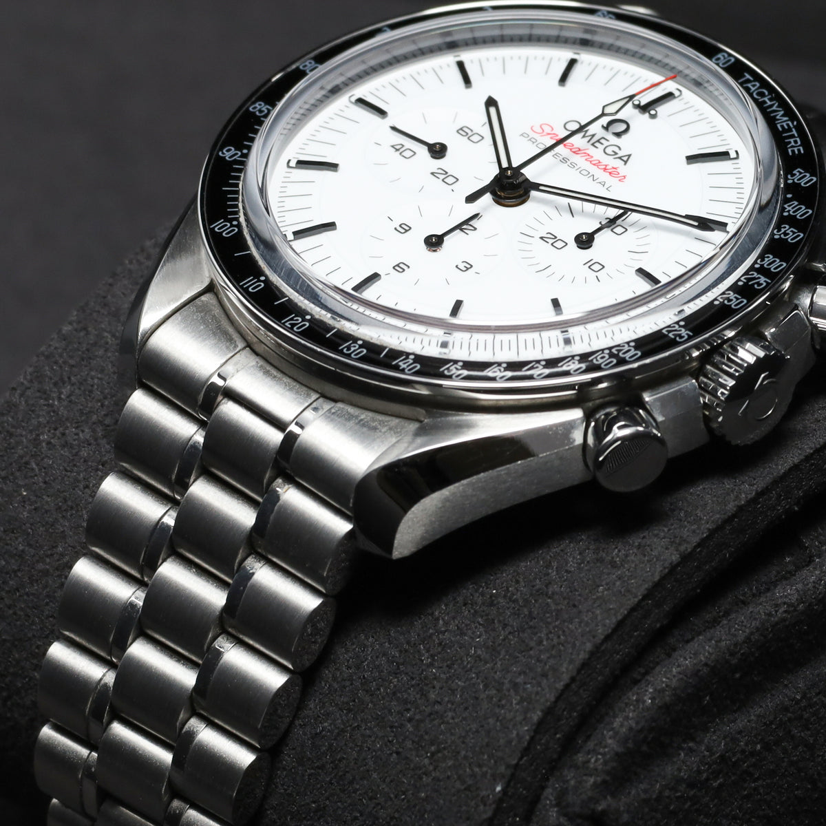 Omega Speedmaster 2026 42mm Stainless Steel  White Lacquered Dial with Black Accents Fixed Black Anodized Aluminum Tachymeter Bezel  Stainless Steel Five-Link Bracelet with Foldover Clasp 310.30.42.50.04.001