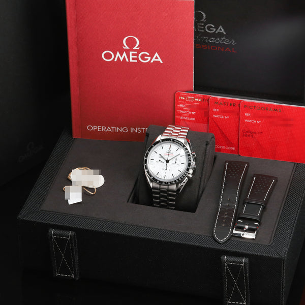 Omega Speedmaster 2026 42mm Stainless Steel  White Lacquered Dial with Black Accents Fixed Black Anodized Aluminum Tachymeter Bezel  Stainless Steel Five-Link Bracelet with Foldover Clasp 310.30.42.50.04.001