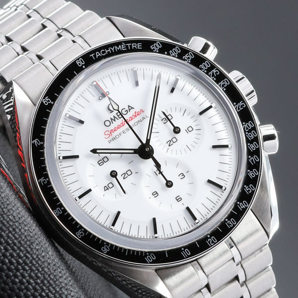 Omega Speedmaster 2026 42mm Stainless Steel  White Lacquered Dial with Black Accents Fixed Black Anodized Aluminum Tachymeter Bezel  Stainless Steel Five-Link Bracelet with Foldover Clasp 310.30.42.50.04.001