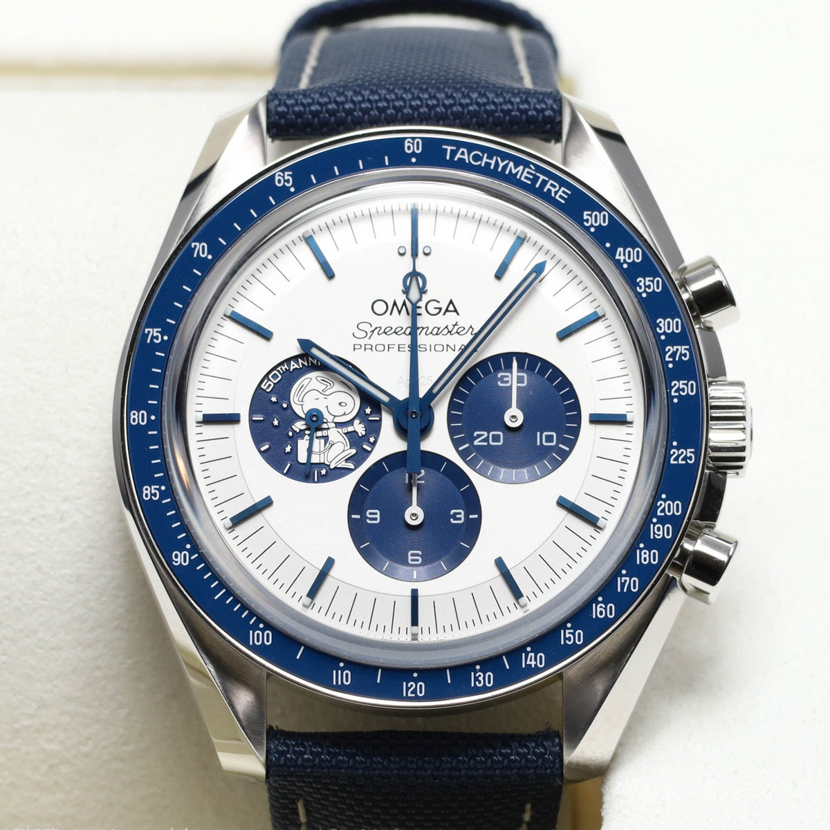 Omega Speedmaster 2026 Complete 42mm Stainless Steel Silver with Snoopy Subdial Blue Ceramic Bezel Blue Nylon Fabric Strap 310.32.42.50.02.001