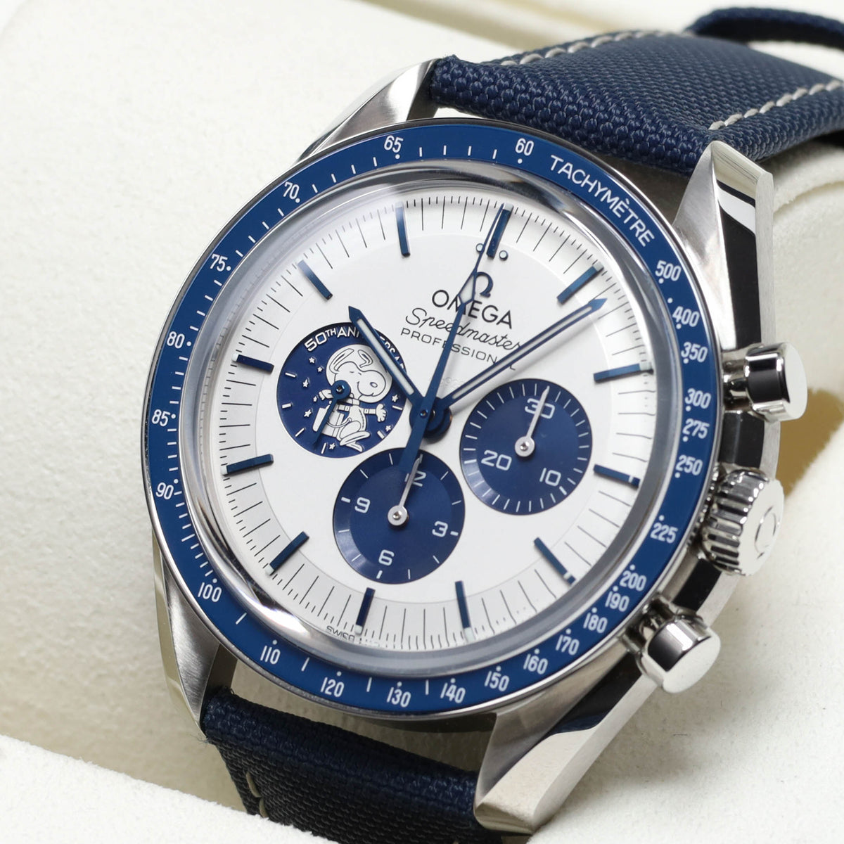 Omega Speedmaster 2026 Complete 42mm Stainless Steel Silver with Snoopy Subdial Blue Ceramic Bezel Blue Nylon Fabric Strap 310.32.42.50.02.001