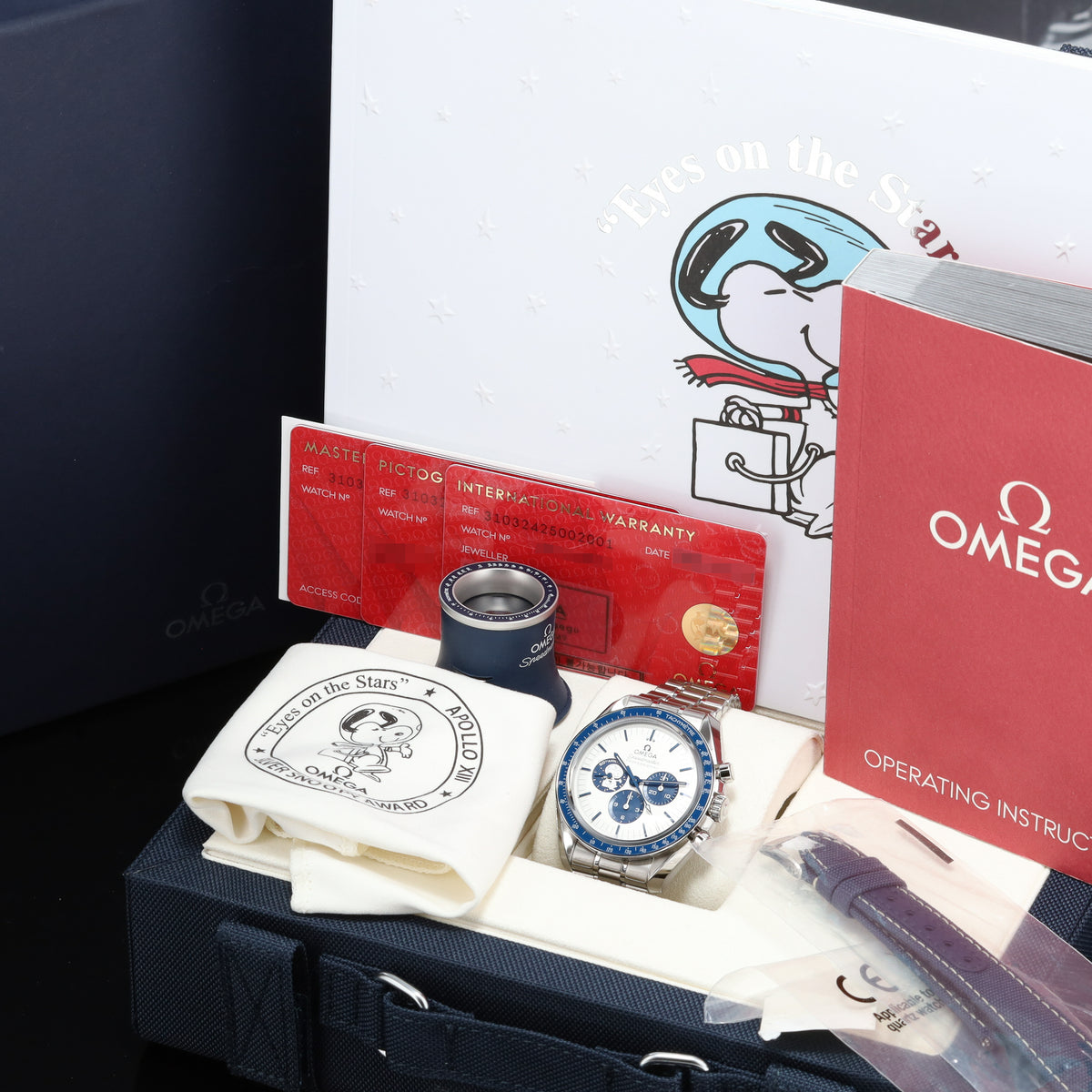 Omega Speedmaster Snoopy 2024 Complete 42mm Steel Case Silver-White With Blue Accents Dial Blue Ceramic Tachymeter Bezel Steel Bracelet 310.32.42.50.02.001