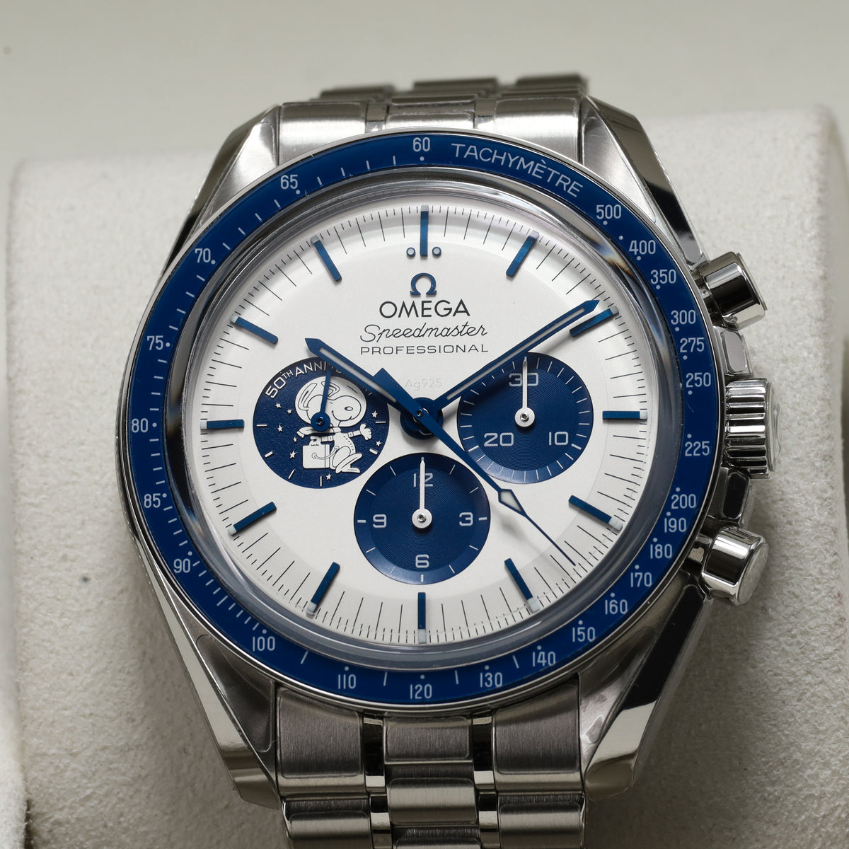Omega Speedmaster Snoopy 2024 Complete 42mm Steel Case Silver-White With Blue Accents Dial Blue Ceramic Tachymeter Bezel Steel Bracelet 310.32.42.50.02.001