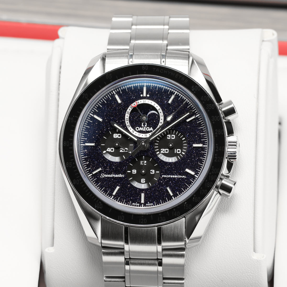 Omega Speedmaster 44.25mm Stainless Steel Blackened Aventurine Dial Black Ceramic Tachymeter Bezel Stainless Steel Bracelet with Folding Clasp 311.30.44.32.01.001