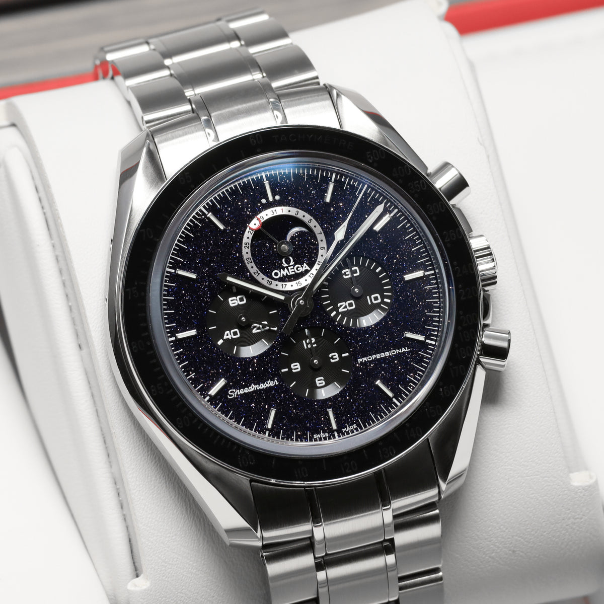 Omega Speedmaster 44.25mm Stainless Steel Blackened Aventurine Dial Black Ceramic Tachymeter Bezel Stainless Steel Bracelet with Folding Clasp 311.30.44.32.01.001
