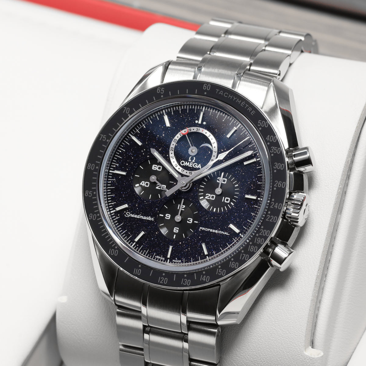 Omega Speedmaster 44.25mm Stainless Steel Blackened Aventurine Dial Black Ceramic Tachymeter Bezel Stainless Steel Bracelet with Folding Clasp 311.30.44.32.01.001