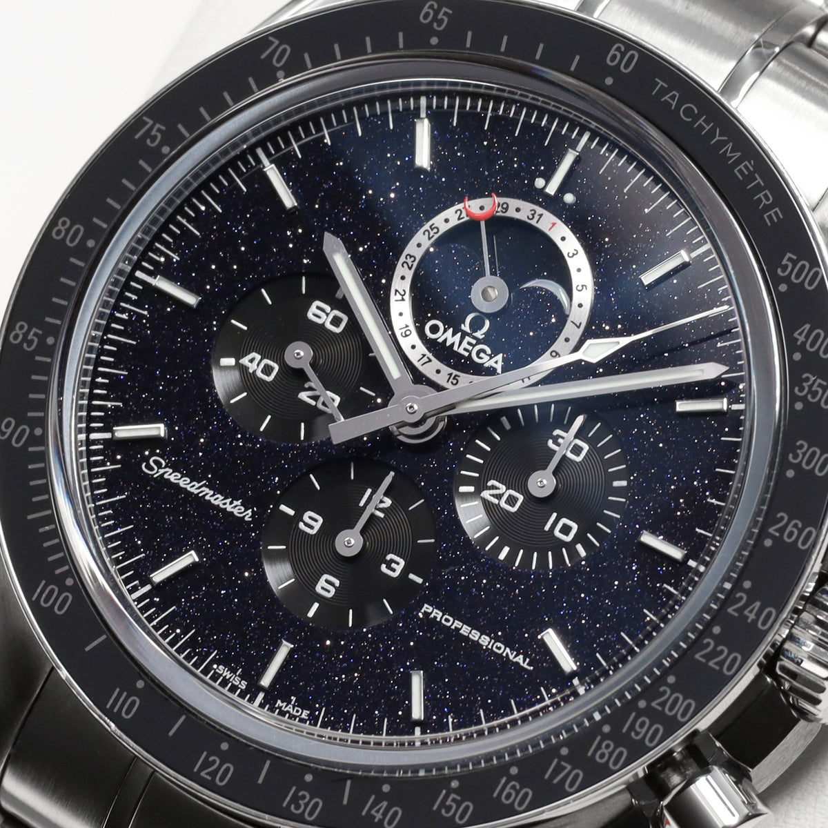Omega Speedmaster 44.25mm Stainless Steel Blackened Aventurine Dial Black Ceramic Tachymeter Bezel Stainless Steel Bracelet with Folding Clasp 311.30.44.32.01.001