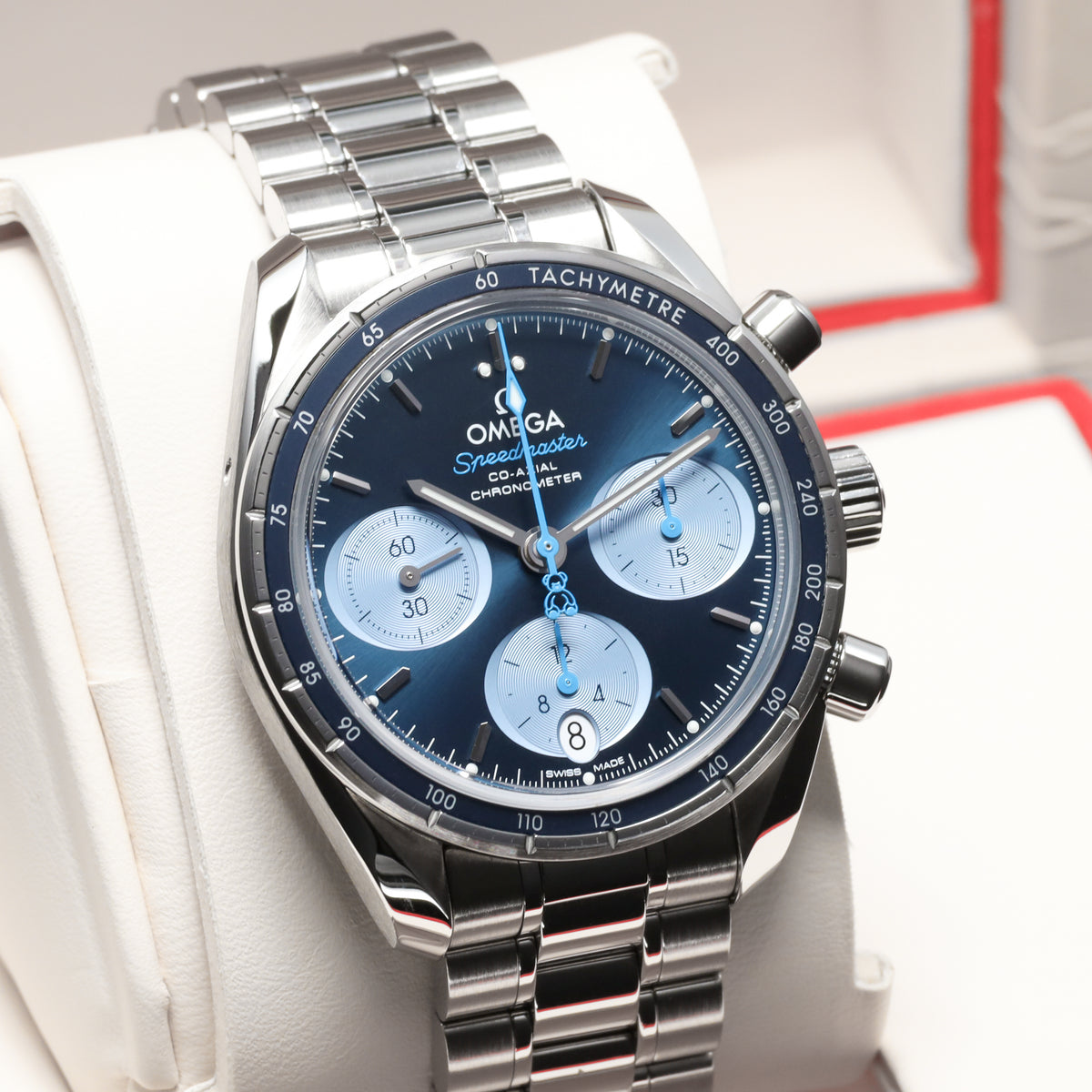 Omega Speedmaster 2019 Complete 38mm  Stainless Steel Bezel with Blue Aluminum Tachymeter Ring Stainless Steel Bracelet with Butterfly Clasp 324.30.38.50.03.002