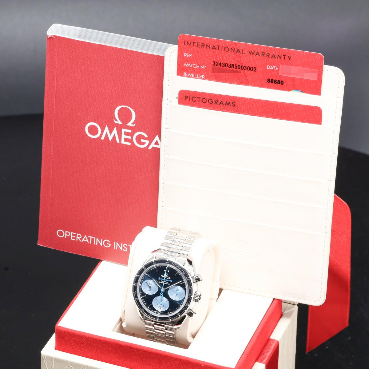 Omega Speedmaster 2019 Complete 38mm  Stainless Steel Bezel with Blue Aluminum Tachymeter Ring Stainless Steel Bracelet with Butterfly Clasp 324.30.38.50.03.002