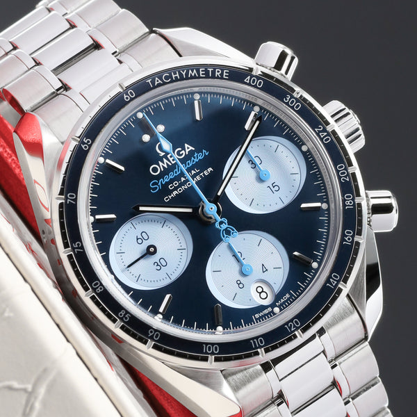 Omega Speedmaster 2019 Complete 38mm Stainless Steel Bezel with Blue Aluminum Tachymeter Ring Dial Stainless Steel Bracelet with Butterfly Clasp 324.30.38.50.03.002