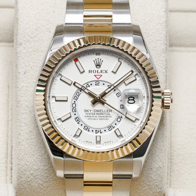 Rolex Sky Dweller Complete 42mm Oystersteel and Yellow Gold White Dial Yellow Gold Fluted Bezel Two-Tone Oyster Bracelet 326933