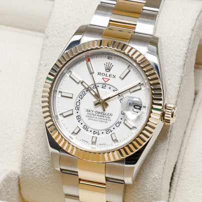 Rolex Sky Dweller Complete 42mm Oystersteel and Yellow Gold White Dial Yellow Gold Fluted Bezel Two-Tone Oyster Bracelet 326933