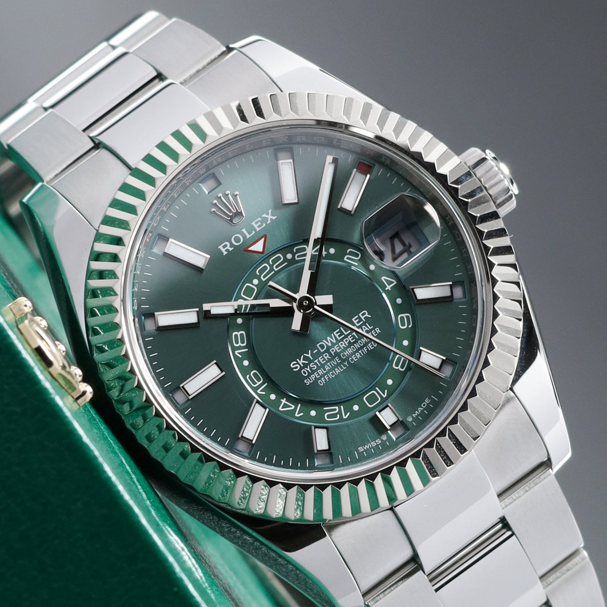 Rolex Sky Dweller 2024 Complete 42mm Oystersteel Green Dial Fluted Bezel Oyster Bracelet 336934