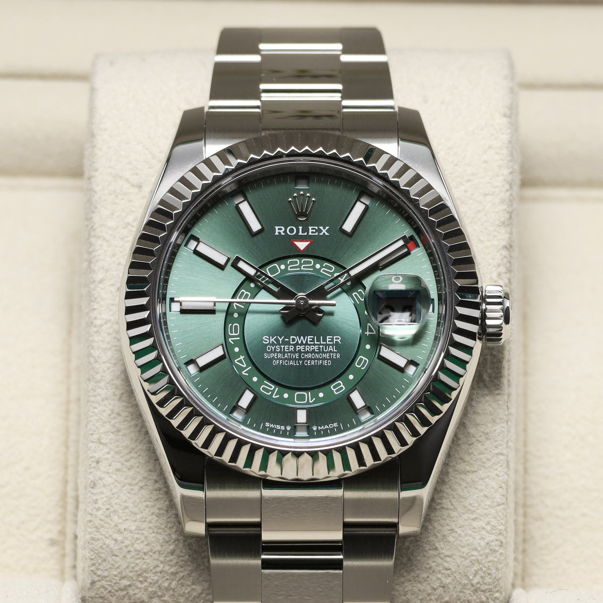 Rolex Sky Dweller 2024 Complete 42mm Oystersteel Green Dial Fluted Bezel Oyster Bracelet 336934