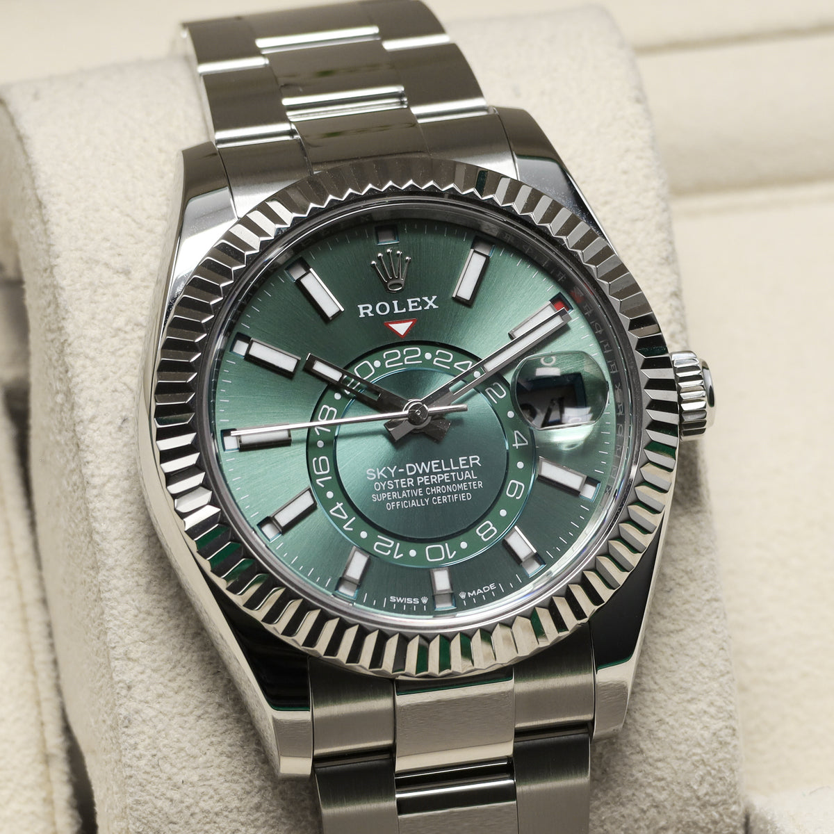 Rolex Sky Dweller 2024 Complete 42mm Oystersteel Green Dial Fluted Bezel Oyster Bracelet 336934