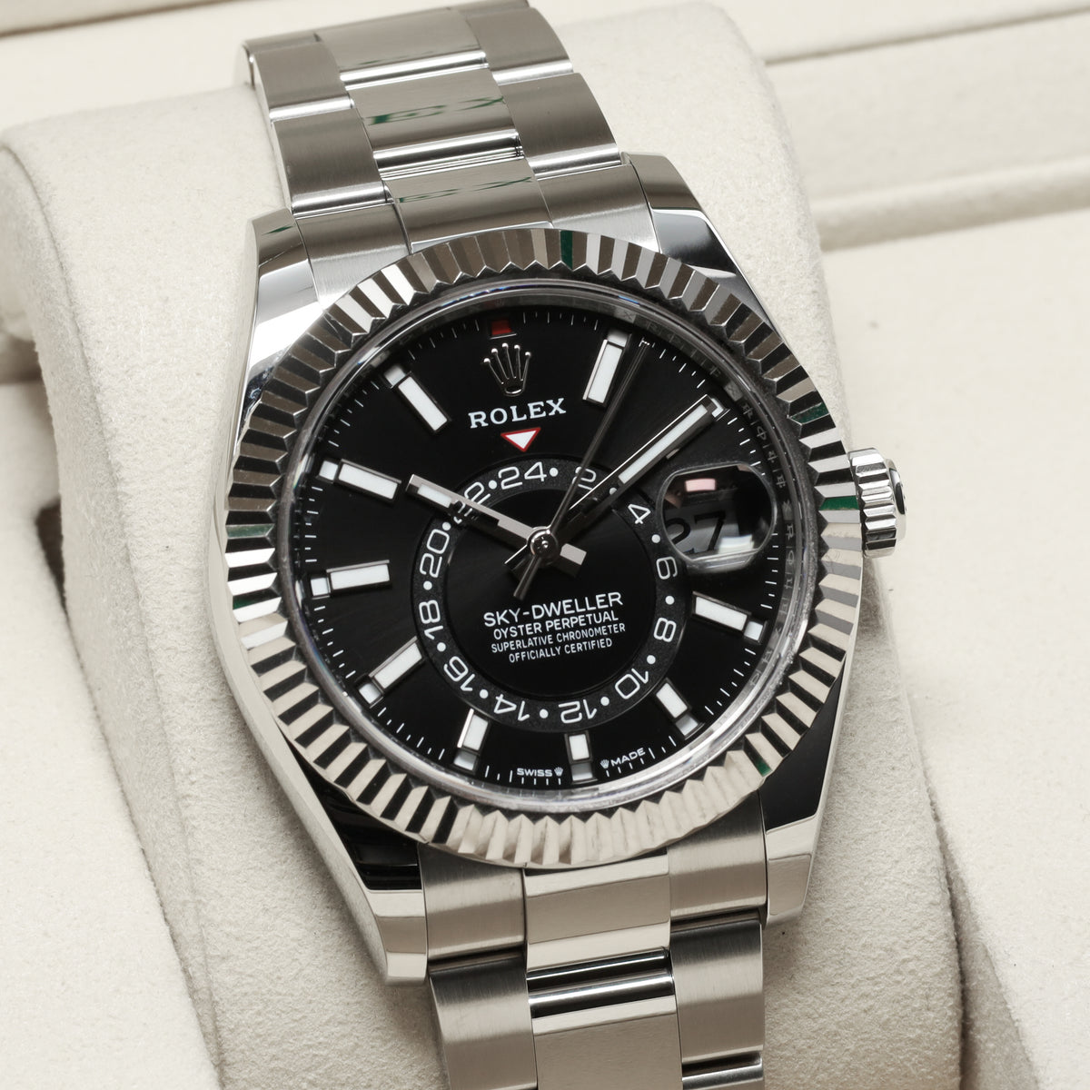 Rolex Sky Dweller 2025 Complete 42mm Oystersteel and White Gold Black Dial White Gold Fluted Ring Command Bezel Oystersteel Oyster Bracelet with Folding Oysterclasp 336934