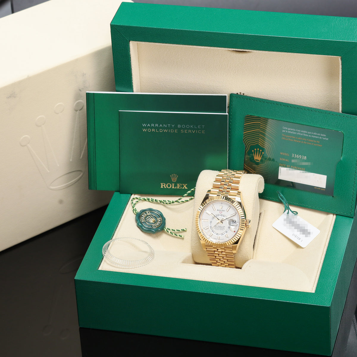 Rolex Sky Dweller Complete 2024 18k Yellow Gold White Dial 18k Yellow Gold Fluted Ring Command Bezel 18k Yellow Gold Jubilee Bracelet 336938