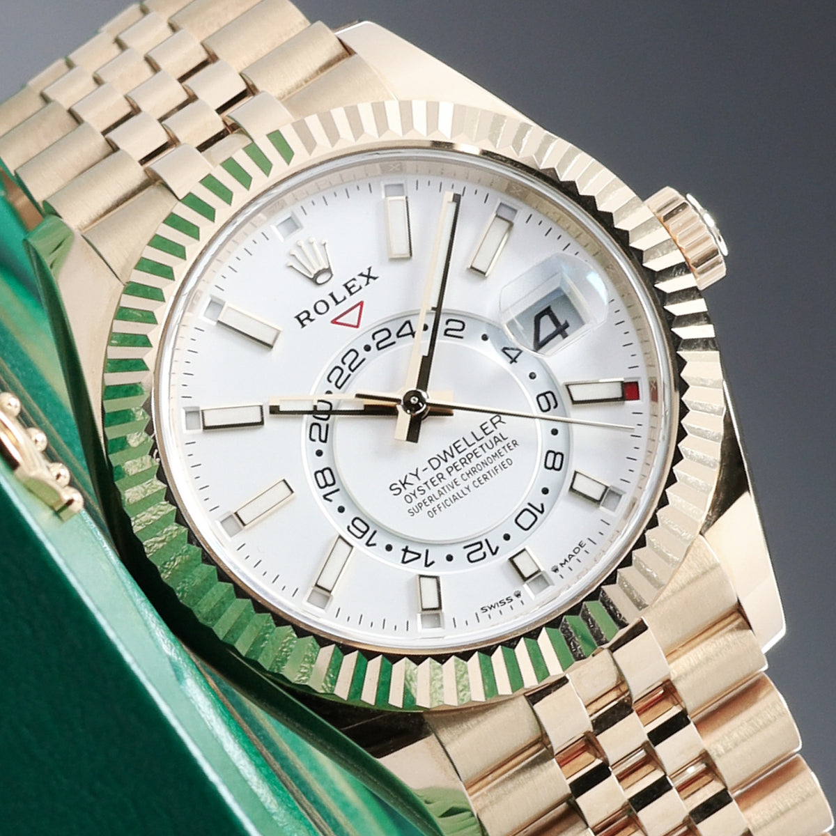 Rolex Sky Dweller Complete 2024 18k Yellow Gold White Dial 18k Yellow Gold Fluted Ring Command Bezel 18k Yellow Gold Jubilee Bracelet 336938