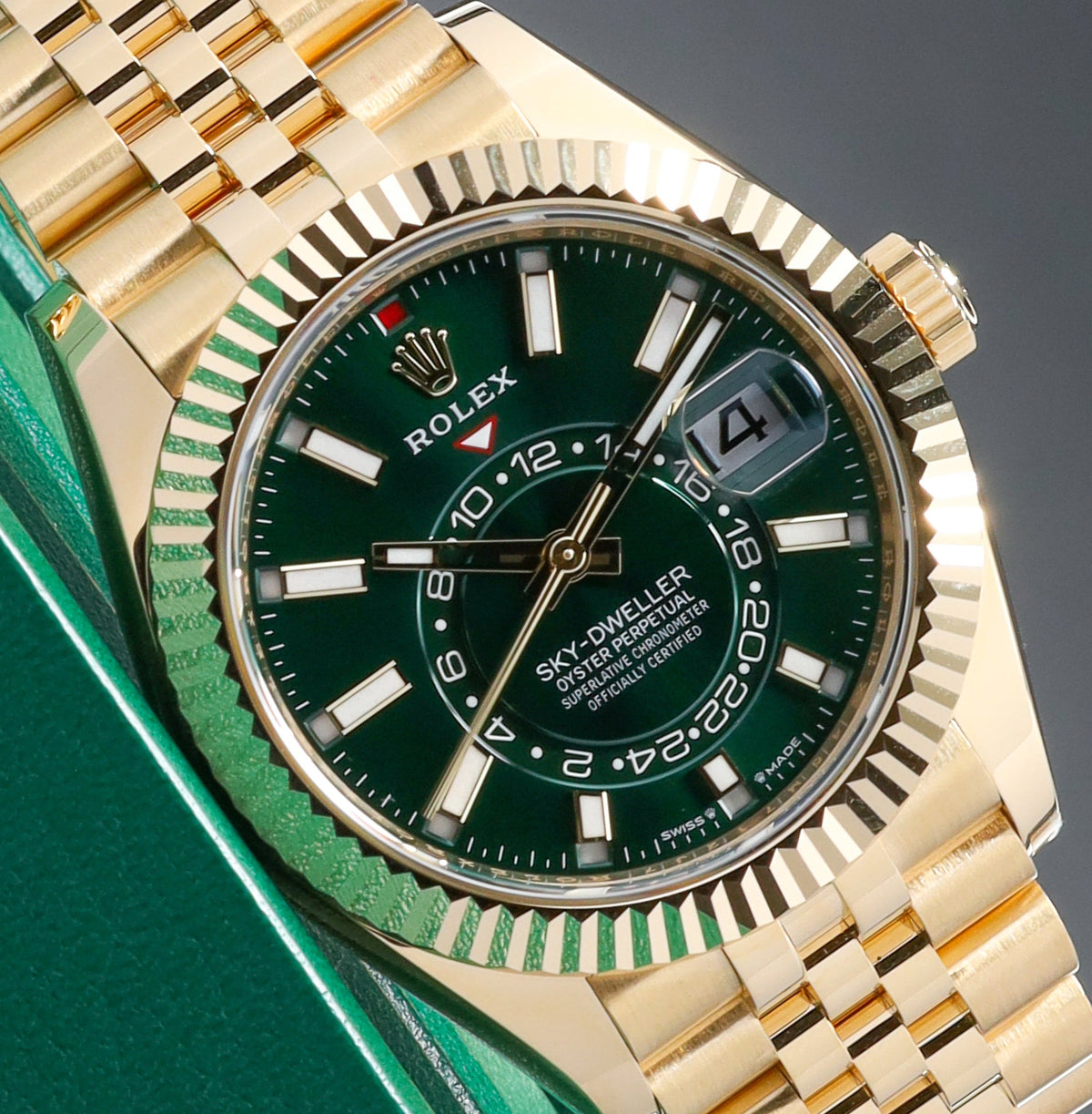 Rolex Sky Dweller 2025 Complete 42mm Yellow Gold Green Dial Gold Fluted Bezel Jubilee Bracelet 336938