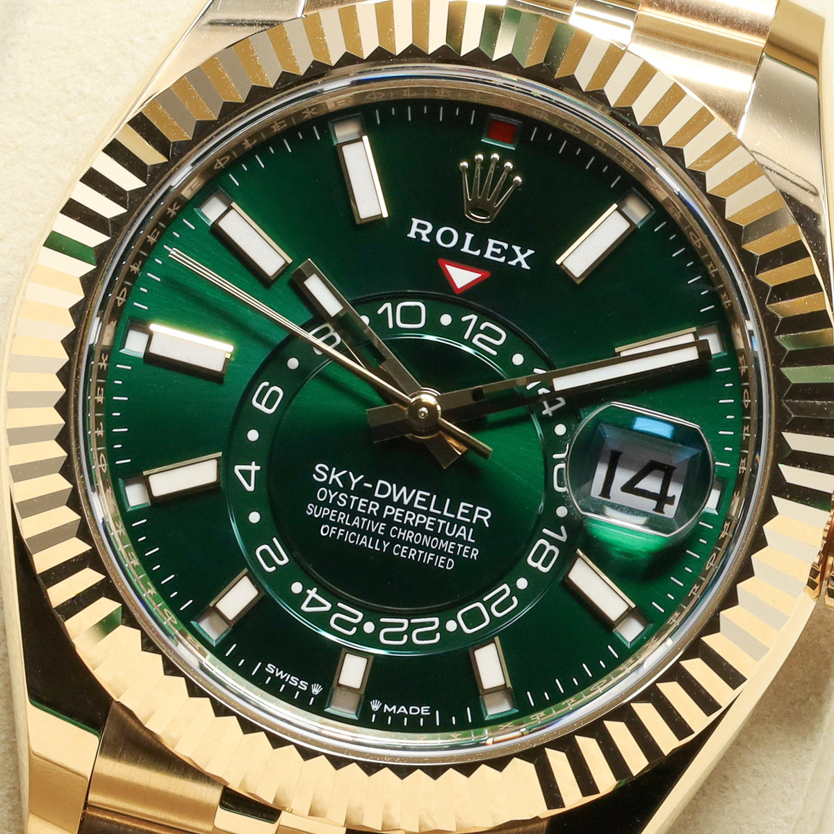 Rolex Sky Dweller 2025 Complete 42mm Yellow Gold Green Dial Gold Fluted Bezel Jubilee Bracelet 336938