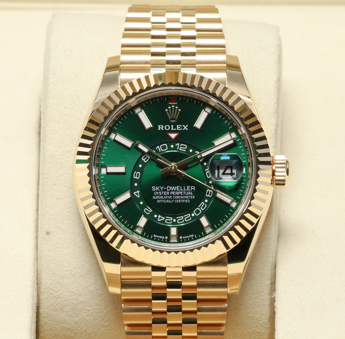 Rolex Sky Dweller 2025 Complete 42mm Yellow Gold Green Dial Gold Fluted Bezel Jubilee Bracelet 336938