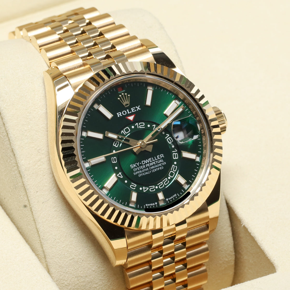 Rolex Sky Dweller 2025 Complete 42mm Yellow Gold Green Dial Gold Fluted Bezel Jubilee Bracelet 336938