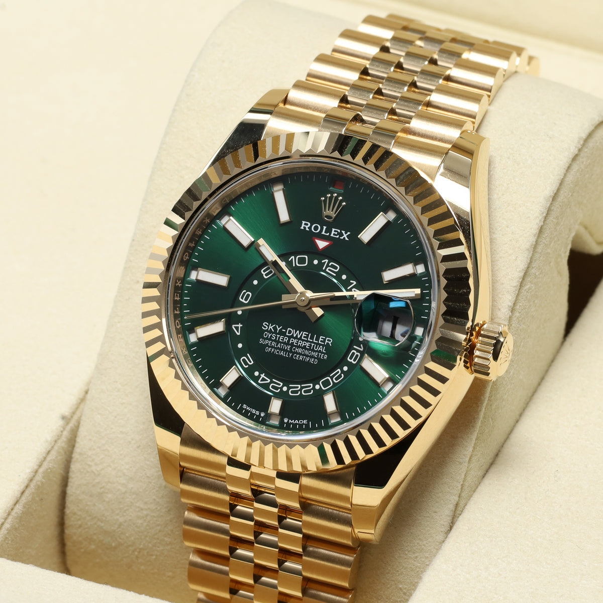 Rolex Sky Dweller 2025 Complete 42mm Yellow Gold Green Dial Gold Fluted Bezel Jubilee Bracelet 336938