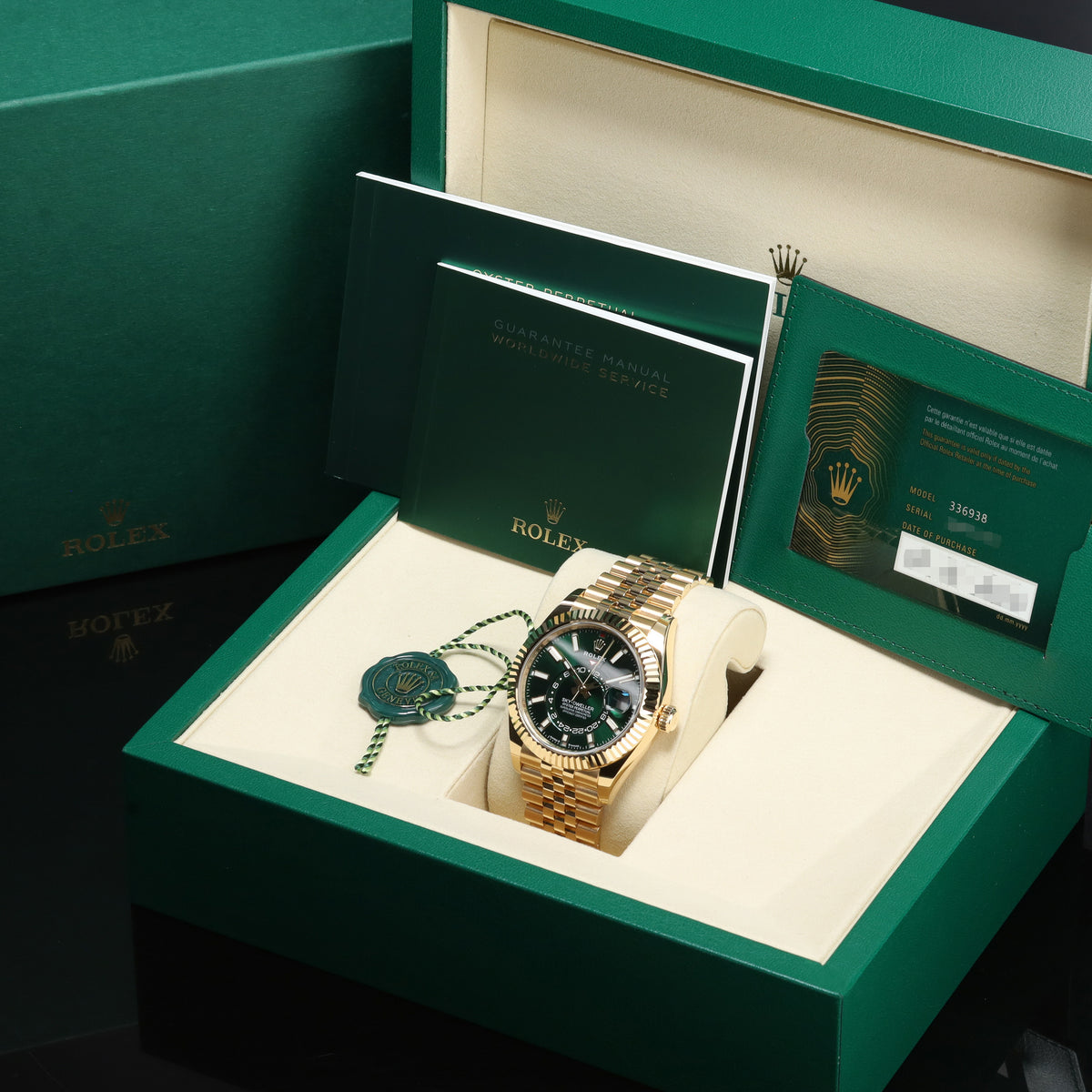 Rolex Sky Dweller 2025 Complete 42mm Yellow Gold Green Dial Gold Fluted Bezel Jubilee Bracelet 336938