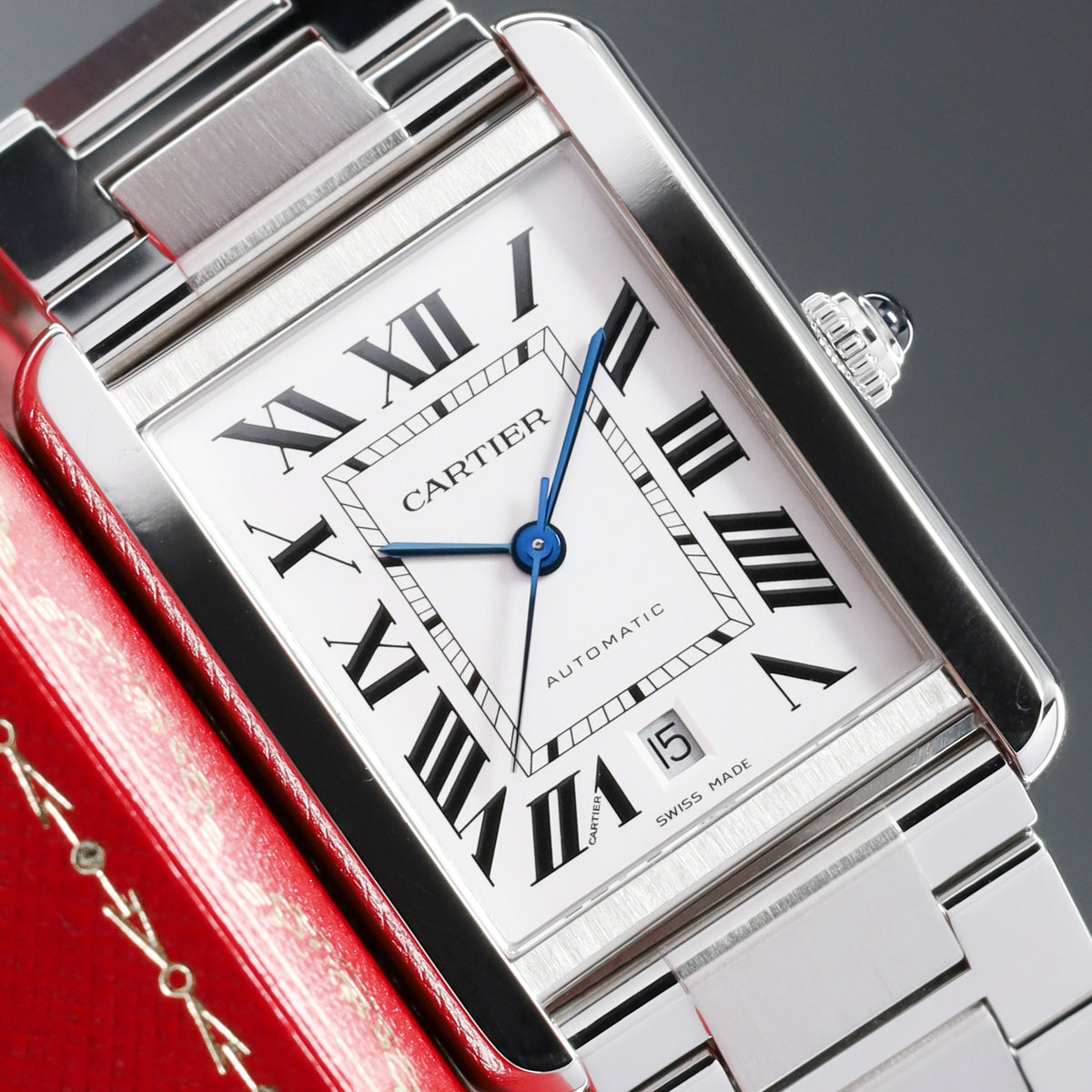 Cartier Tank 31mm Stainless Steel White with Black Roman Numerals Dial Silver-Tone Stainless Steel Bezel Black Leather Strap with Stainless Steel Folding Deployant Clasp 3515
