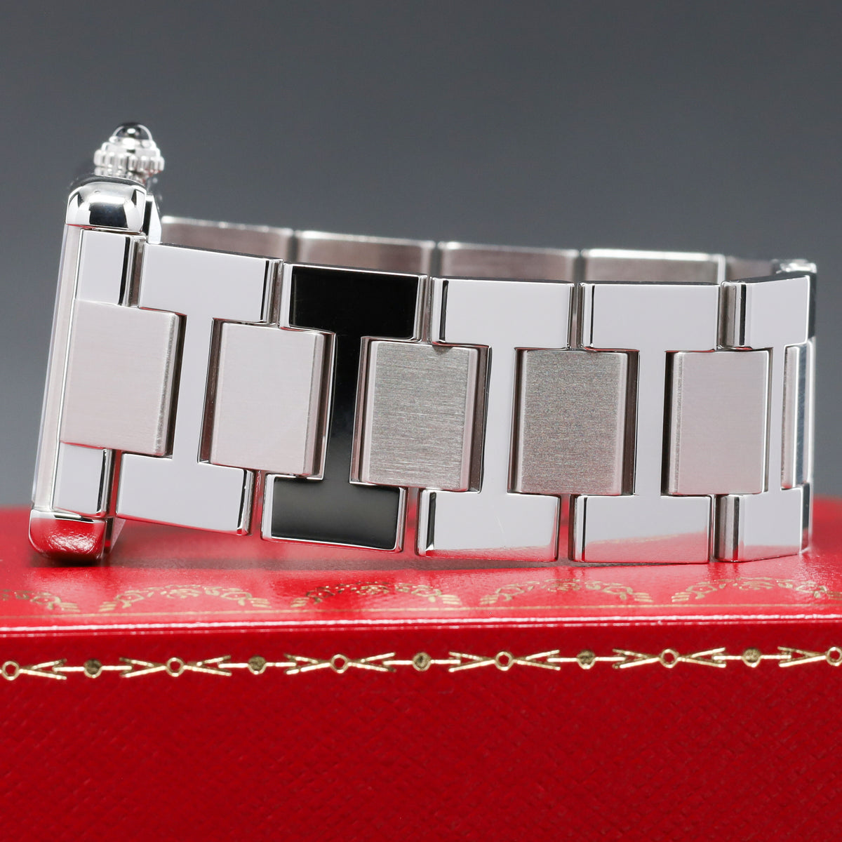 Cartier Tank 31mm Stainless Steel White with Black Roman Numerals Dial Silver-Tone Stainless Steel Bezel Black Leather Strap with Stainless Steel Folding Deployant Clasp 3515
