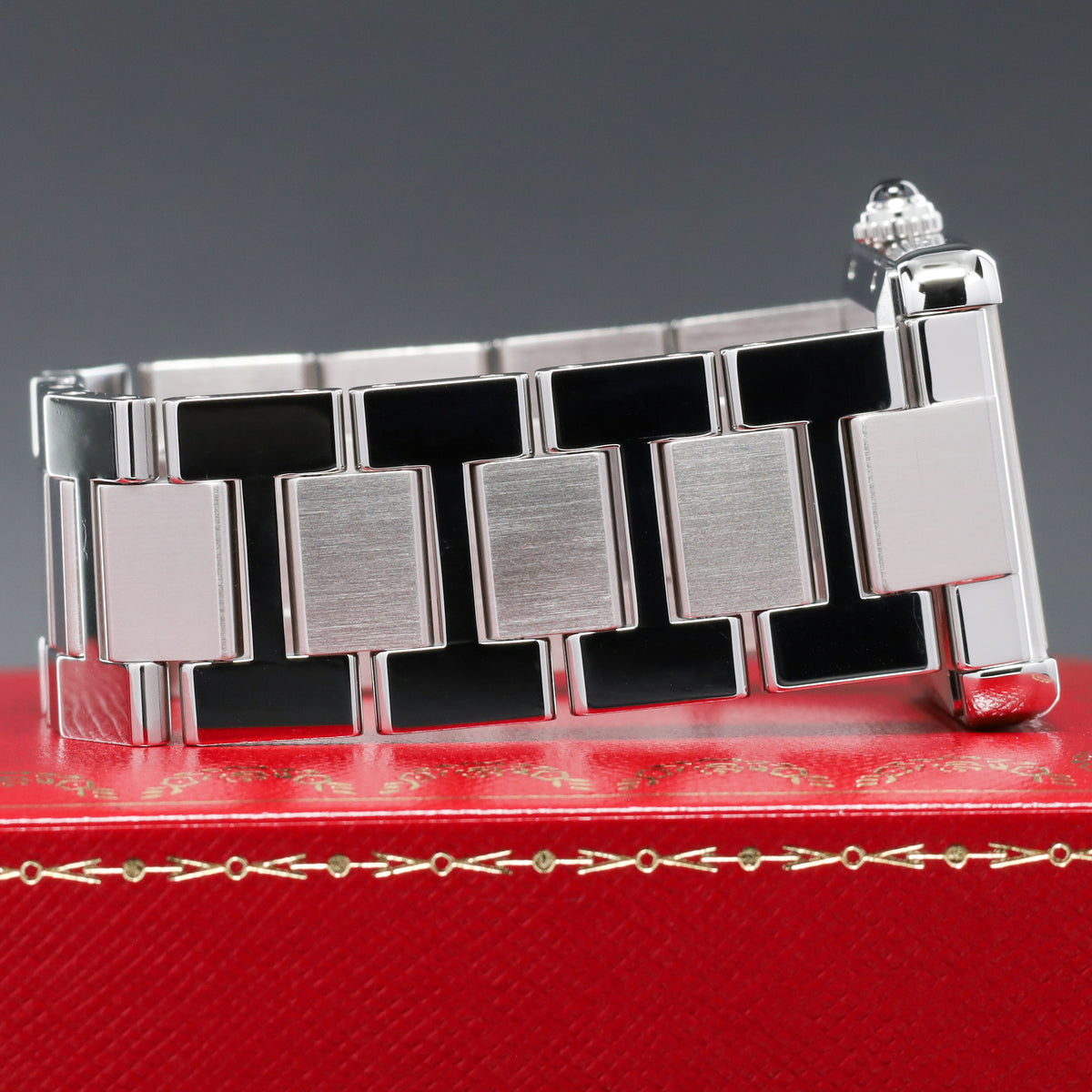 Cartier Tank 31mm Stainless Steel White with Black Roman Numerals Dial Silver-Tone Stainless Steel Bezel Black Leather Strap with Stainless Steel Folding Deployant Clasp 3515