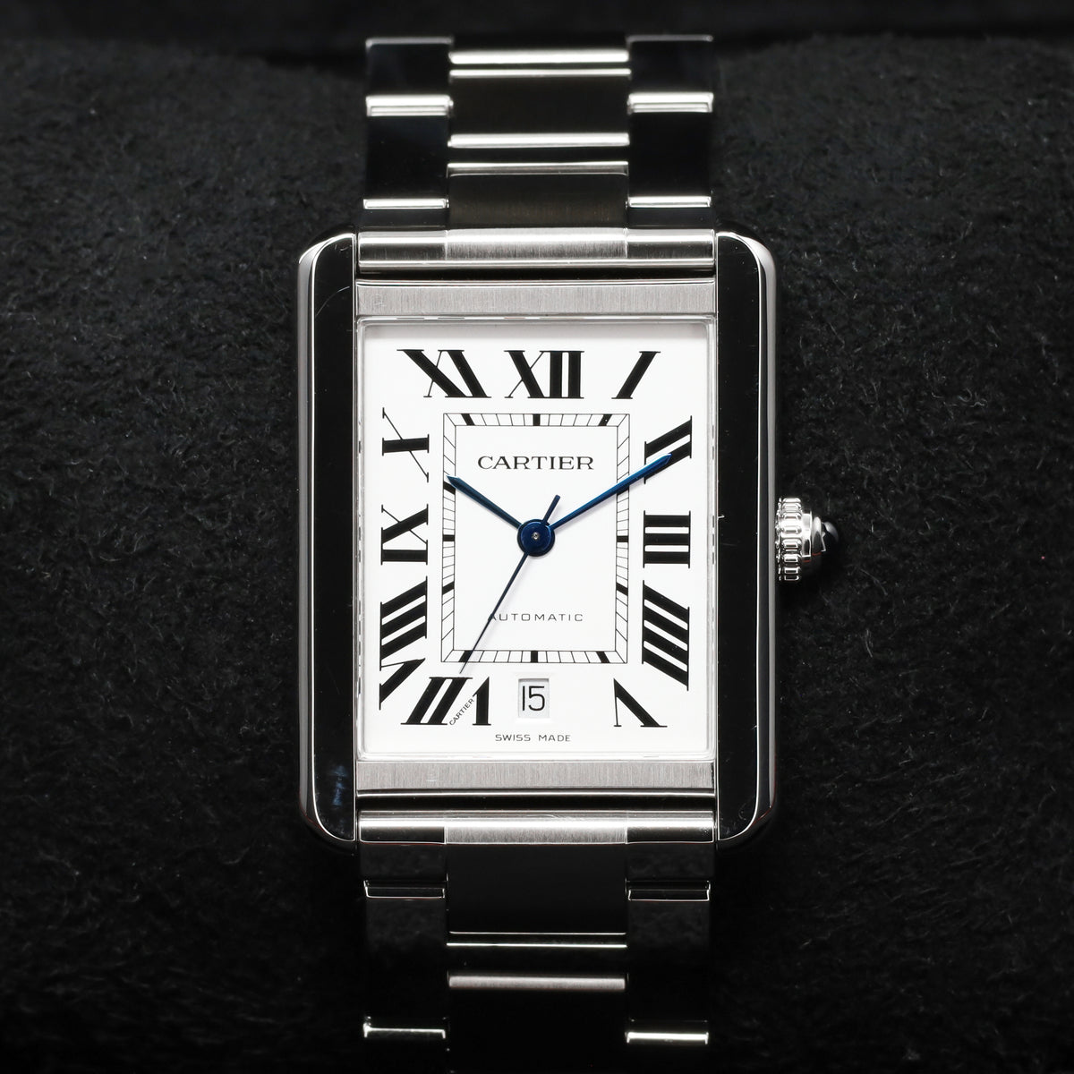 Cartier Tank 31mm Stainless Steel White with Black Roman Numerals Dial Silver-Tone Stainless Steel Bezel Black Leather Strap with Stainless Steel Folding Deployant Clasp 3515
