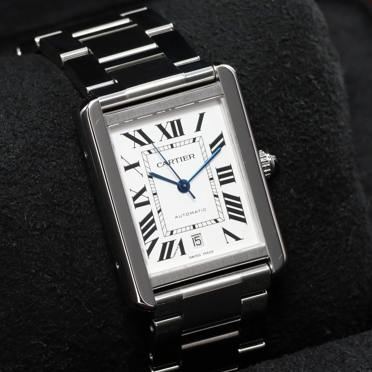 Cartier Tank 31mm Stainless Steel White with Black Roman Numerals Dial Silver-Tone Stainless Steel Bezel Black Leather Strap with Stainless Steel Folding Deployant Clasp 3515