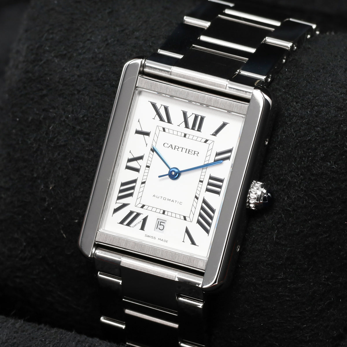 Cartier Tank 31mm Stainless Steel White with Black Roman Numerals Dial Silver-Tone Stainless Steel Bezel Black Leather Strap with Stainless Steel Folding Deployant Clasp 3515
