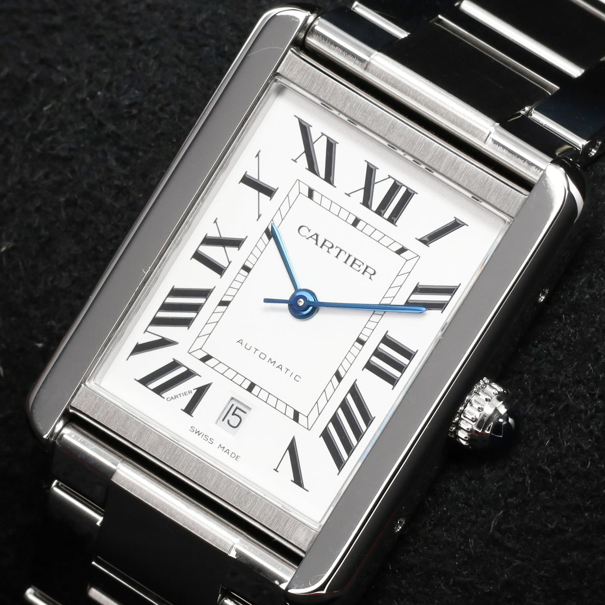 Cartier Tank 31mm Stainless Steel White with Black Roman Numerals Dial Silver-Tone Stainless Steel Bezel Black Leather Strap with Stainless Steel Folding Deployant Clasp 3515