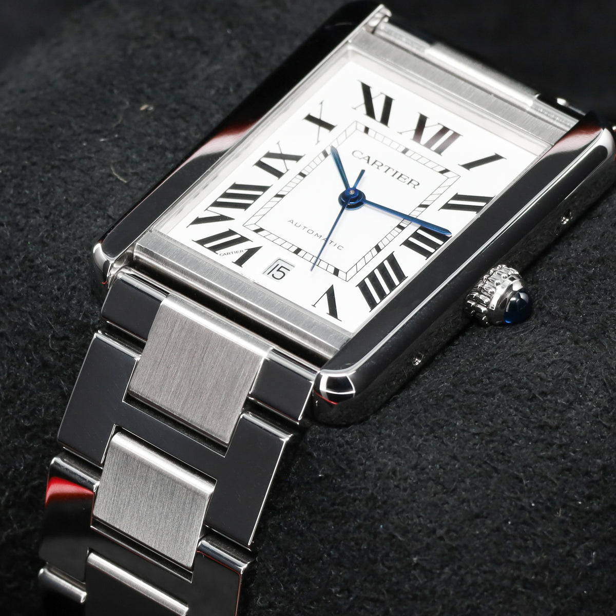 Cartier Tank 31mm Stainless Steel White with Black Roman Numerals Dial Silver-Tone Stainless Steel Bezel Black Leather Strap with Stainless Steel Folding Deployant Clasp 3515