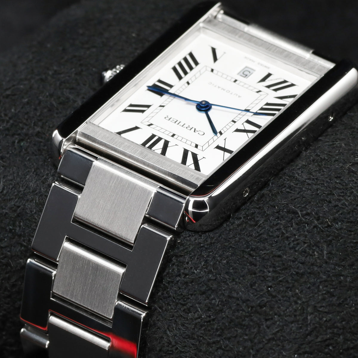 Cartier Tank 31mm Stainless Steel White with Black Roman Numerals Dial Silver-Tone Stainless Steel Bezel Black Leather Strap with Stainless Steel Folding Deployant Clasp 3515