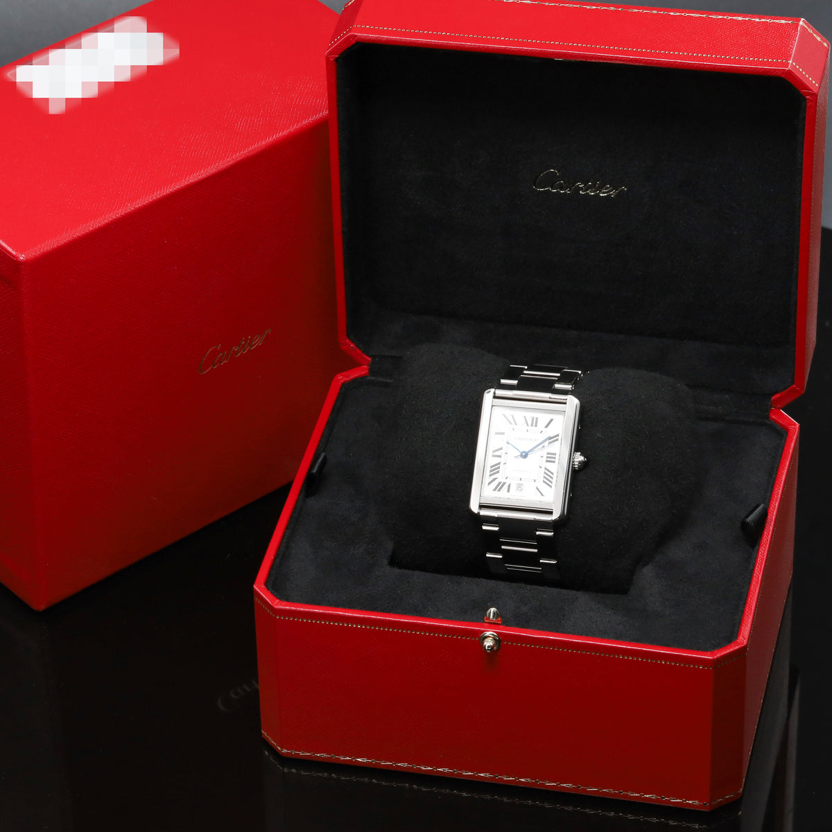 Cartier Tank 31mm Stainless Steel White with Black Roman Numerals Dial Silver-Tone Stainless Steel Bezel Black Leather Strap with Stainless Steel Folding Deployant Clasp 3515