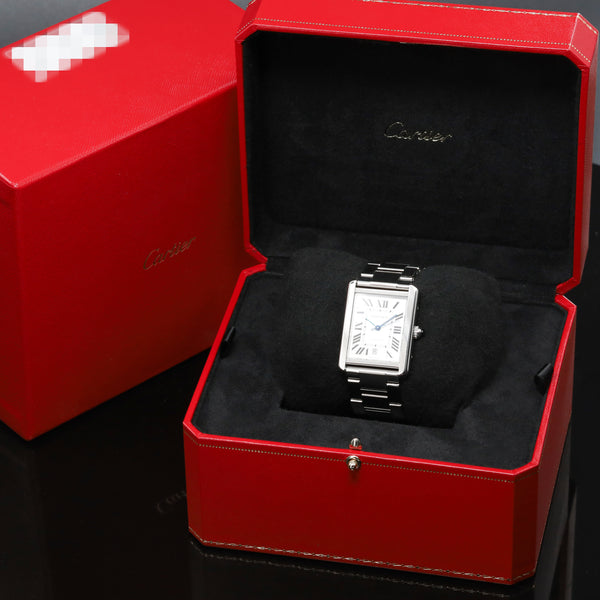 Cartier Tank 31mm Stainless Steel White with Black Roman Numerals Dial Silver-Tone Stainless Steel Bezel Black Leather Strap with Stainless Steel Folding Deployant Clasp 3515
