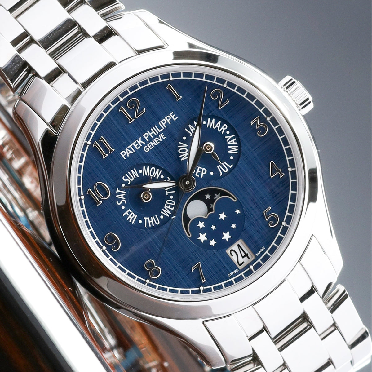 Patek Philippe Annual Calendar Moon Phases Complications 2021 Complete 38mm Steel Case Blue Dial Steel Bezel Steel Bracelet 4947/1A-001