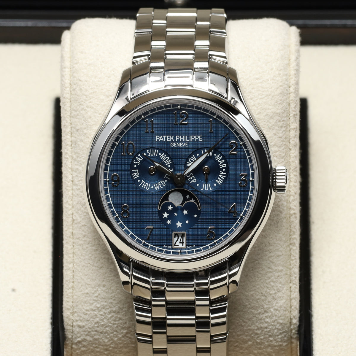 Patek Philippe Annual Calendar Moon Phases Complications 2021 Complete 38mm Steel Case Blue Dial Steel Bezel Steel Bracelet 4947/1A-001
