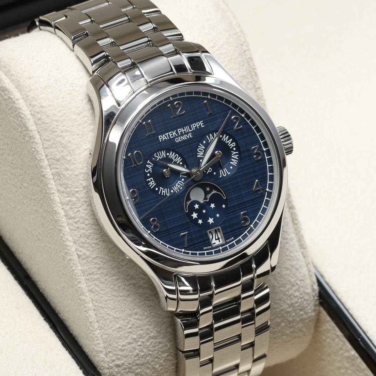 Patek Philippe Annual Calendar Moon Phases Complications 2021 Complete 38mm Steel Case Blue Dial Steel Bezel Steel Bracelet 4947/1A-001