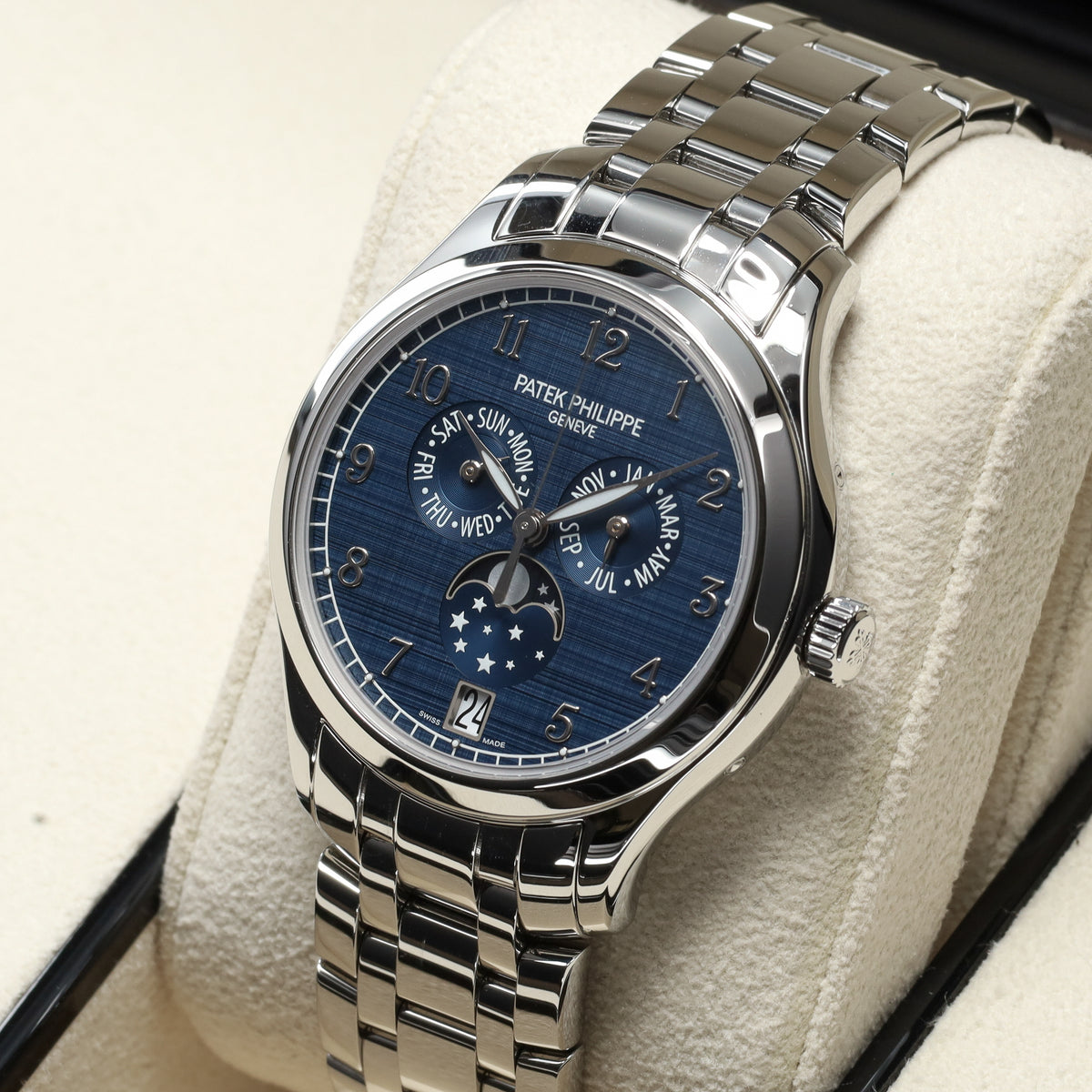 Patek Philippe Annual Calendar Moon Phases Complications 2021 Complete 38mm Steel Case Blue Dial Steel Bezel Steel Bracelet 4947/1A-001