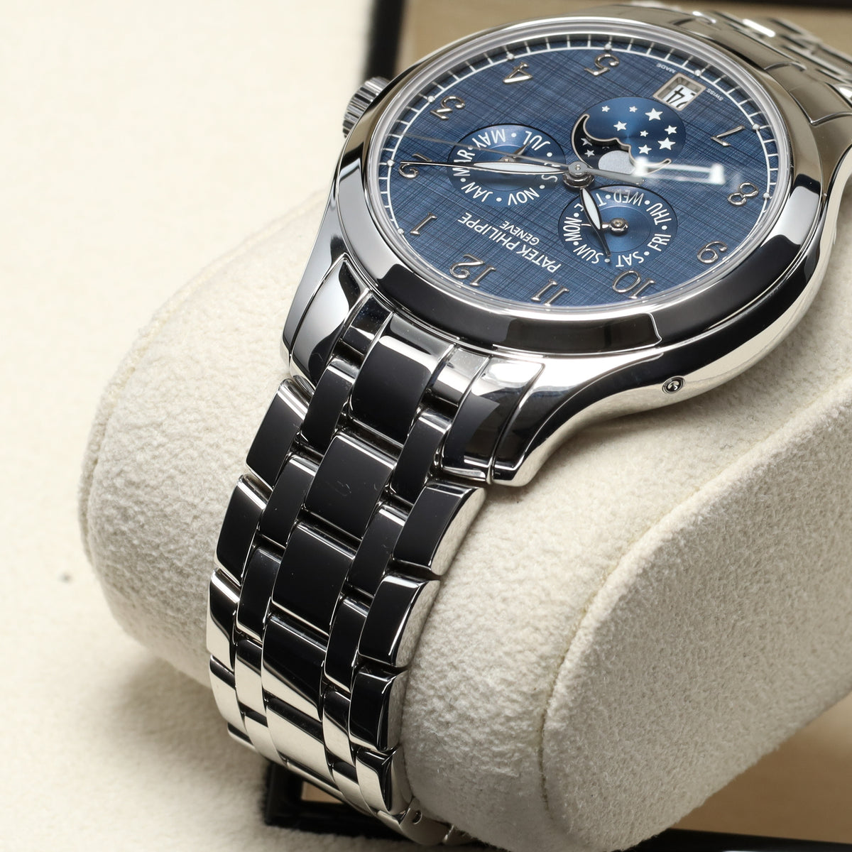 Patek Philippe Annual Calendar Moon Phases Complications 2021 Complete 38mm Steel Case Blue Dial Steel Bezel Steel Bracelet 4947/1A-001