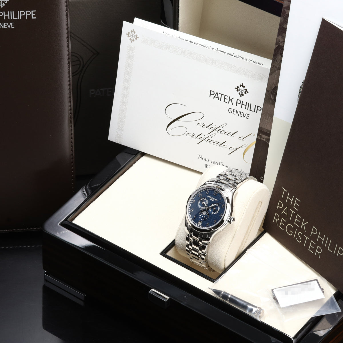 Patek Philippe Annual Calendar Moon Phases Complications 2021 Complete 38mm Steel Case Blue Dial Steel Bezel Steel Bracelet 4947/1A-001