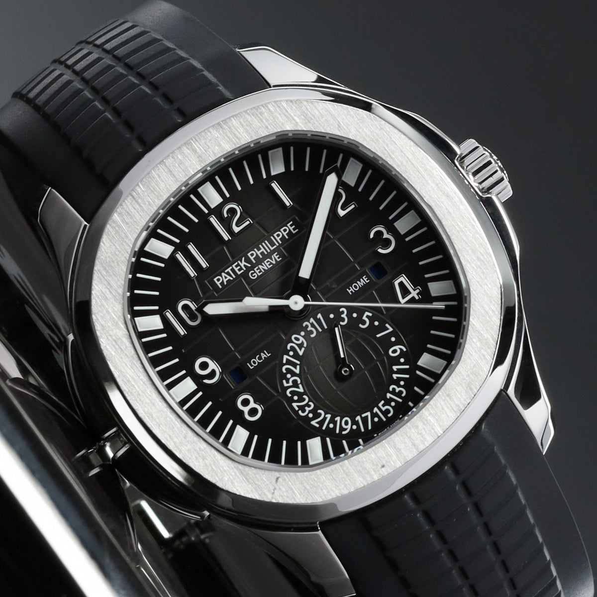 Patek Aquanaut Travel Time 2017 Complete 40.8mm Stainless Steel Black with Orange GMT Accents Dial Stainless Steel Bezel Black Tropical Rubber Strap 5164A