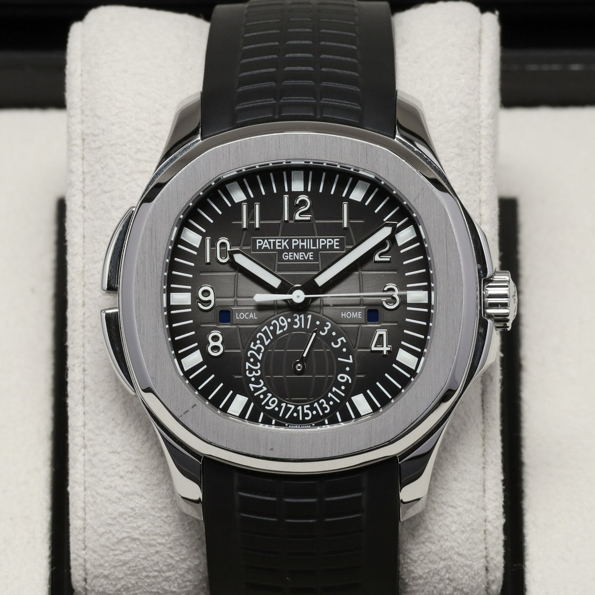 Patek Aquanaut Travel Time 2017 Complete 40.8mm Stainless Steel Black with Orange GMT Accents Dial Stainless Steel Bezel Black Tropical Rubber Strap 5164A