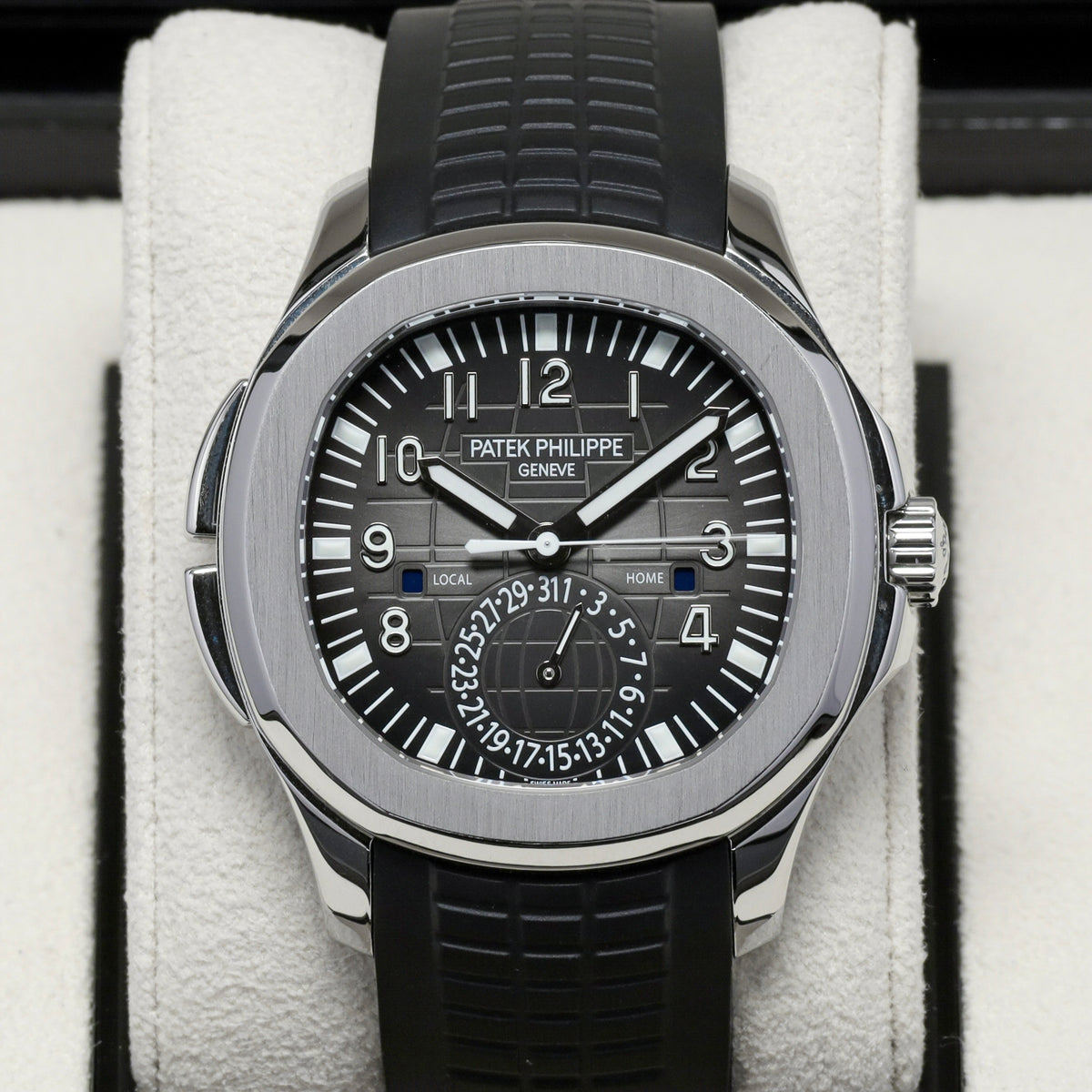 Patek Philippe Aquanaut Travel Time 2017 Complete 40.8mm Stainless Steel Black with Orange GMT Accents Dial Stainless Steel Bezel Black Tropical Rubber Strap 5164A